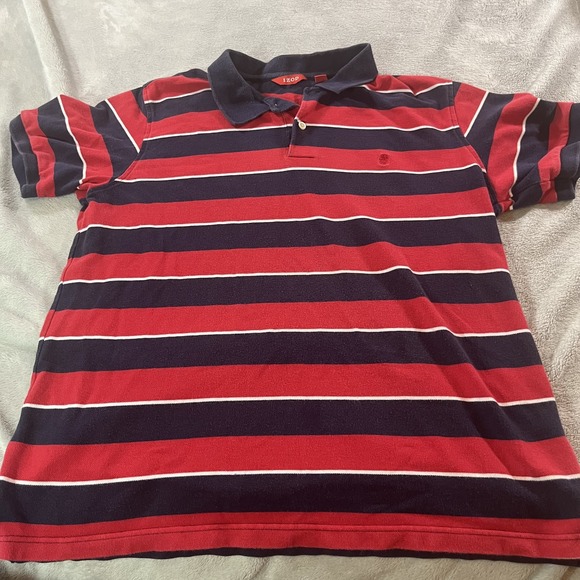 Izod Polo Shirt Mens Large Red Navy Blue Striped Short Sleeve Classic Casual - Picture 1 of 9